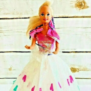 MATTEL BARBIE Blonde Hair Blue Eyes Pink White Gown Outfit 12" Tall